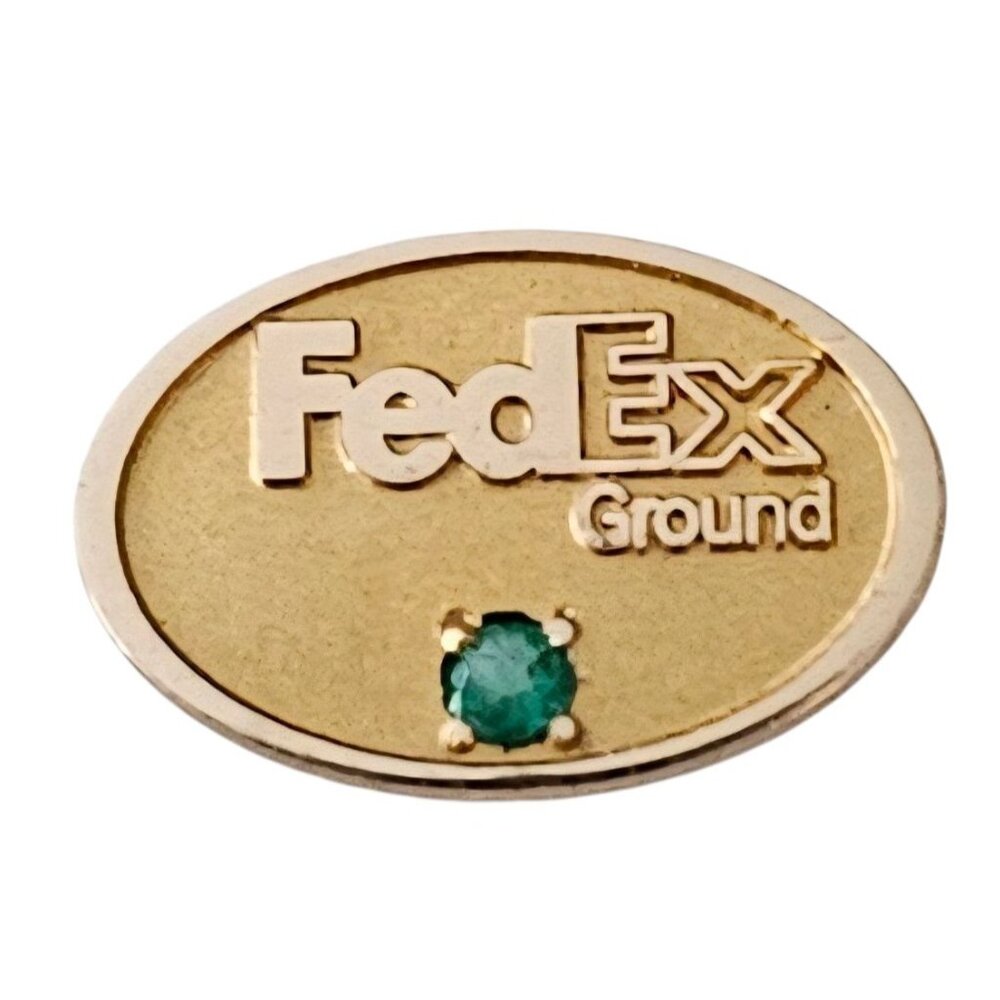 10K Gold FedEx Service Pin, Green Stone Lapel